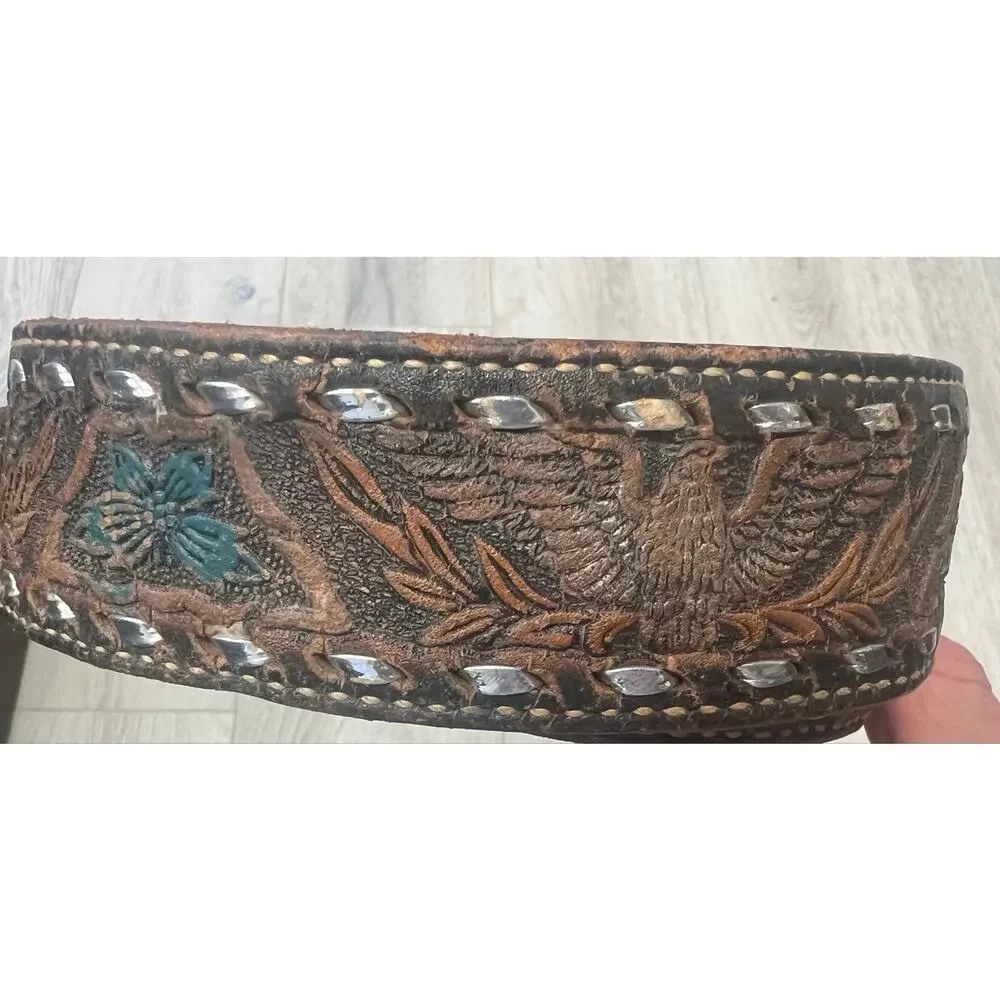 Vintage Dun Dee Size 42 Tooled Leather Eagle Western Cowboy Belt Silver Lacing